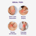 An informational graphic with the heading 'IDEAL FOR:' showing four circular photos of body areas with red pain highlights and labels: Minor Joint Discomfort, Muscle Strains, Bumps and Bruises, and Everyday Activities for Anti-Flamme cream