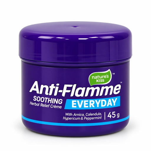 A 45g jar of Nature's Kiss Anti-Flamme Soothing Everyday Herbal Relief Crème, featuring a glossy deep purple container with white and blue text on a clean white background.
