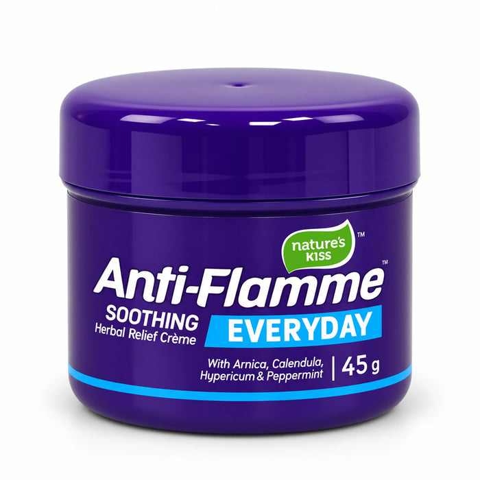 A 45g jar of Nature's Kiss Anti-Flamme Soothing Everyday Herbal Relief Crème, featuring a glossy deep purple container with white and blue text on a clean white background.
