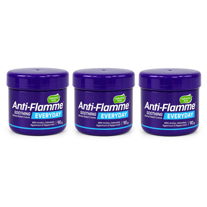 Three identical jars of Nature's Kiss Anti-Flamme Everyday soothing natural cream 90g arranged side by side on a plain white background.