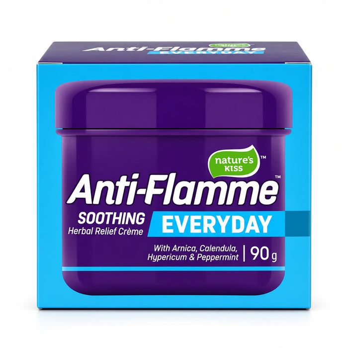 Nature's Kiss Anti-Flamme Soothing Everyday Herbal Relief Crème in a 90g jar, shown in its blue and purple retail box packaging on a white background.