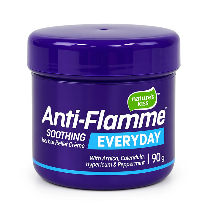 A 90g jar of Nature's Kiss Anti-Flamme Soothing Everyday Herbal Relief Crème, featuring a deep purple container with a matching purple lid and white and blue text.