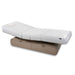 White upholstered bench with wooden base on a white background