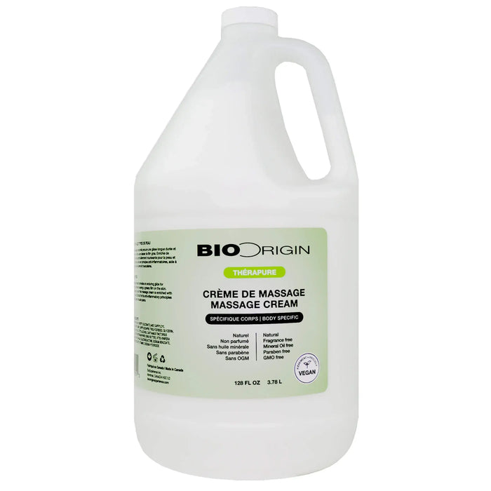 Gallon container of Bio Origin massage cream on a white background