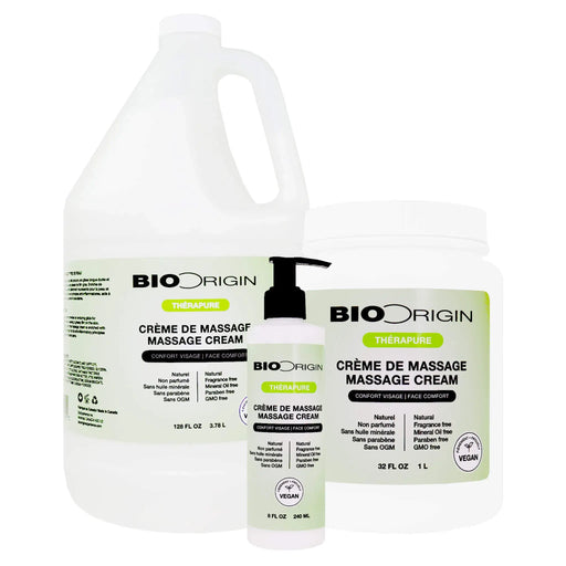 Bio Origin massage cream products in different sizes (128oz, 32oz and 8oz) on a white background