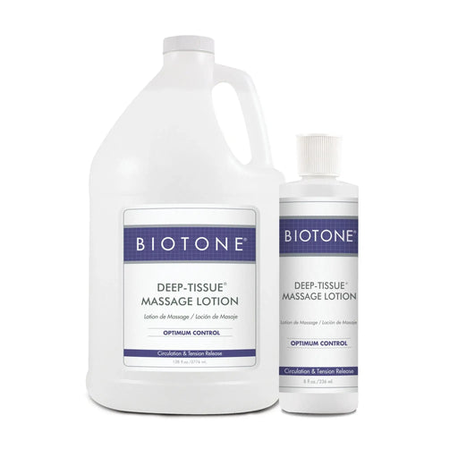 Biotone Deep Tissue Massage Lotion sizes against white background