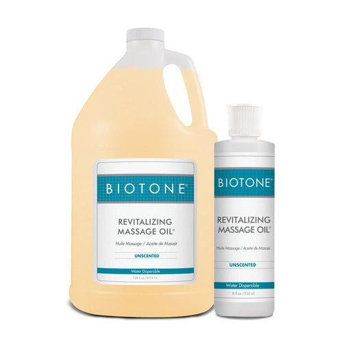 Biotone Revitalizing Massage Oil in large and small bottles on a white background