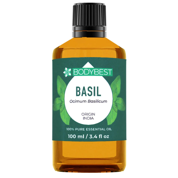 100 ml bottle of BodyBest basil essential oil on a white background