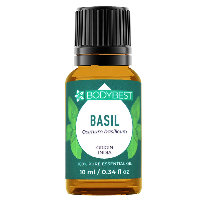 BodyBest basil essential oil 10 ml bottle on a white background
