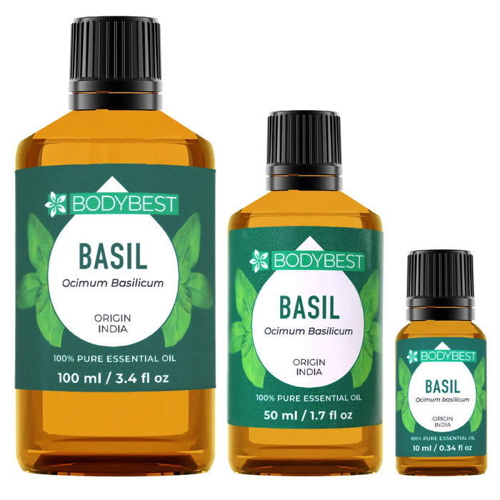 Three bottles of BodyBest basil essential oil on a white background