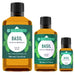 Three bottles of BodyBest basil essential oil on a white background