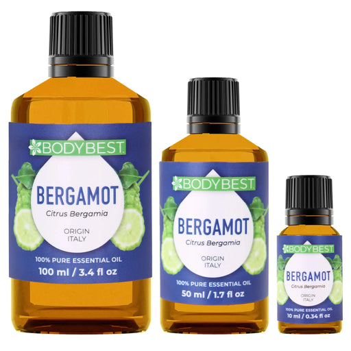 Three bottles of Body Best Bergamot essential oil on a white background