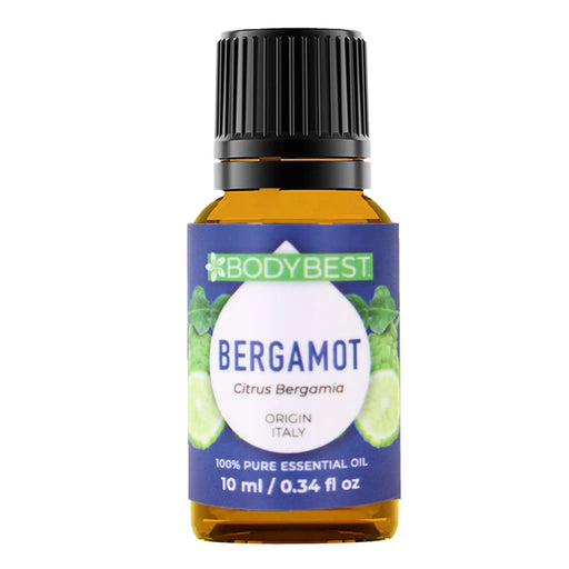 10ml bottle of Body Best Bergamot essential oil on a white background