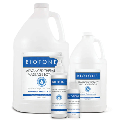 Biotone® massage lotion bottles group of different sizes 