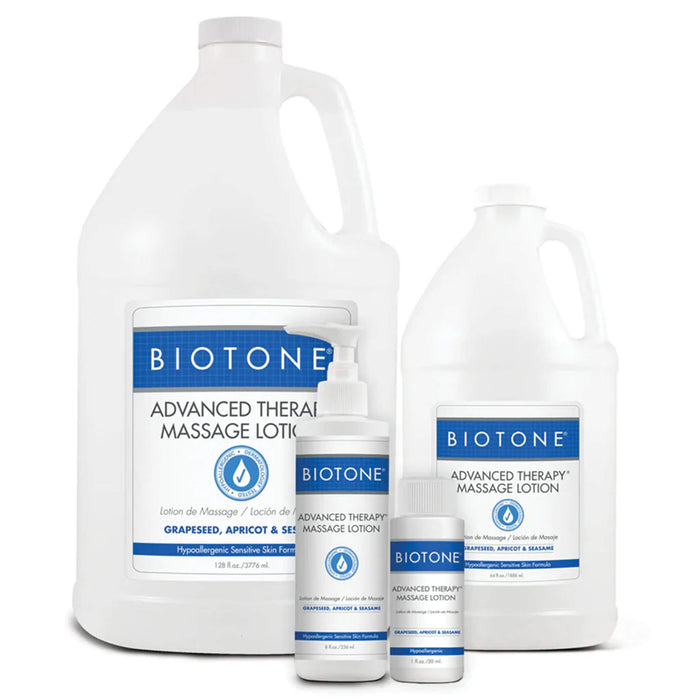 Biotone® massage lotion bottles group of different sizes 