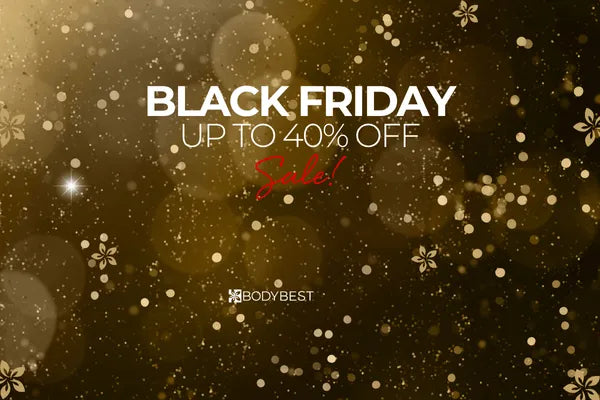 Black Friday sale advertisement with 'Up to 40% Off' text on a dark background with lights and snowflakes.
