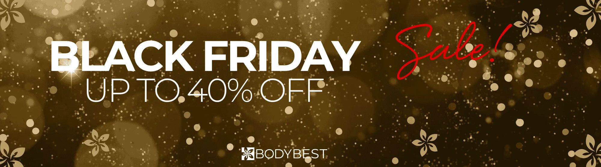 Black Friday sale banner with text and decorative elements on a dark background