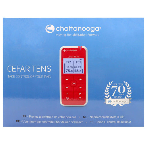 Red CEFAR TENS device on a blue Chattanooga branded background