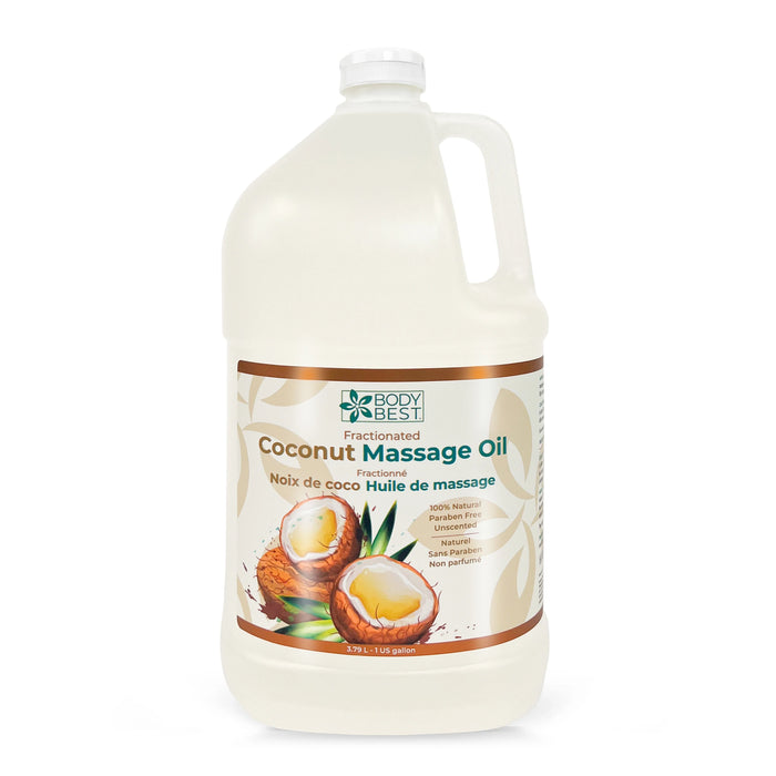 A gallon of Bodybest Coconut Massage oil against white background