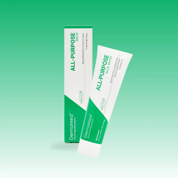 Two tubes of DermaMed All-Purpose Balm on a green gradient background