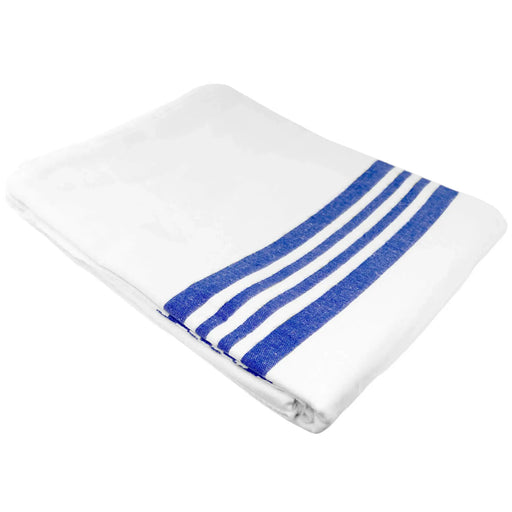 White flannel hospital blanket folded with blue stripes on a white background