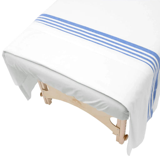 Cotton flannel hospital blanket with blue stripe on a white background.