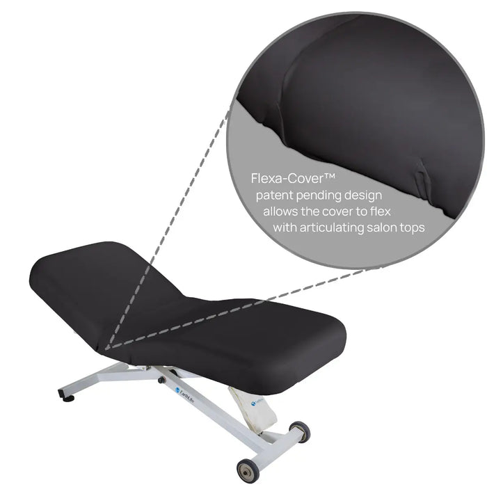 Black cover for a massage chair with Flexa-Cover design feature highlighted