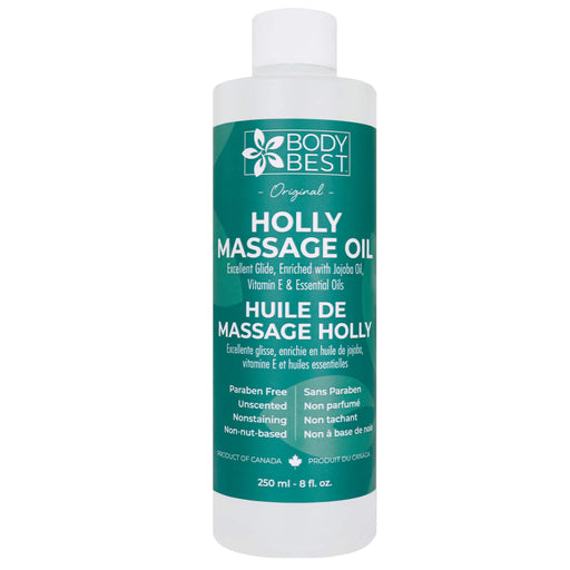Body Best Holly Massage Oil bottle on a white background