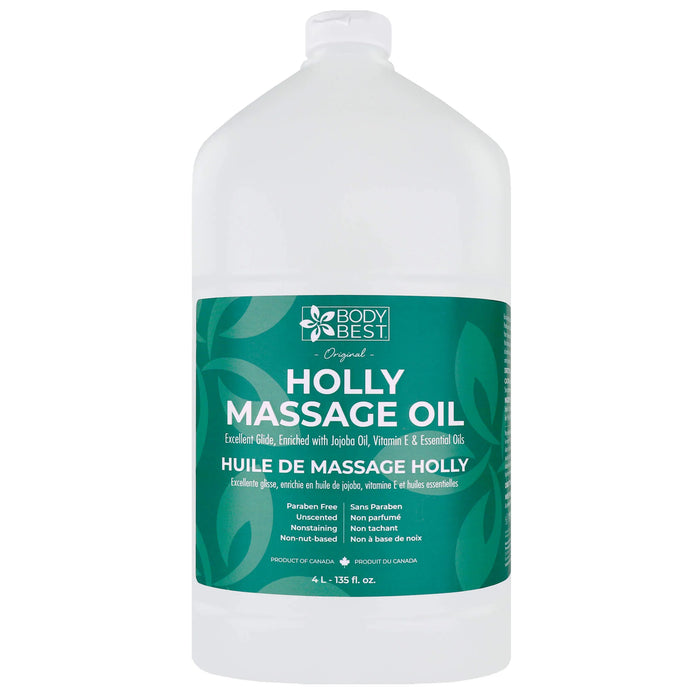 Body Best Holly Massage Oil bottle on a white background