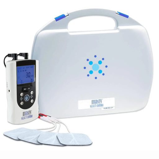 Electrotherapy device with control unit, leads, and patches on a white background