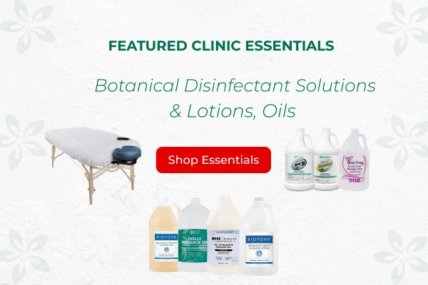 Bodybest Promotional image of botanical disinfectant solutions and lotions with a massage table and products displayed.