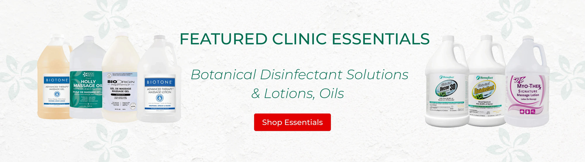 BodyBest Promotional banner for clinic essentials with various bottles of botanical disinfectant solutions and lotions.