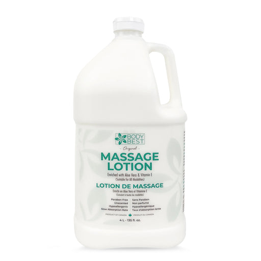 A gallon of BodyBest massage lotion 