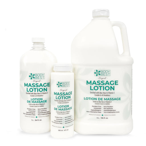 BodyBest Massage Lotion all sizes against white background