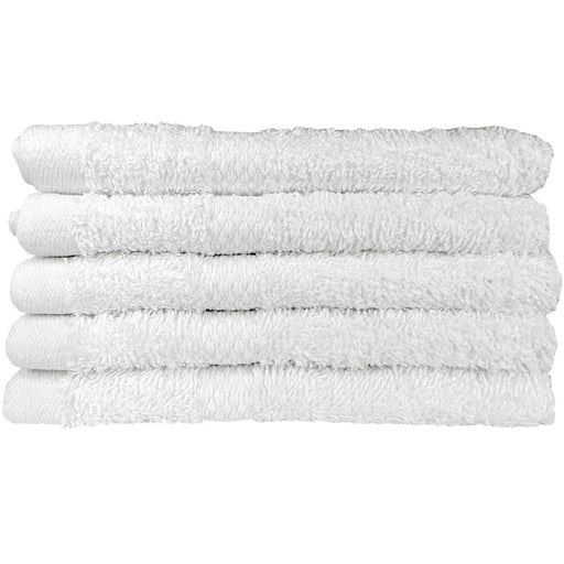 Stack of premium white face towels on a white background