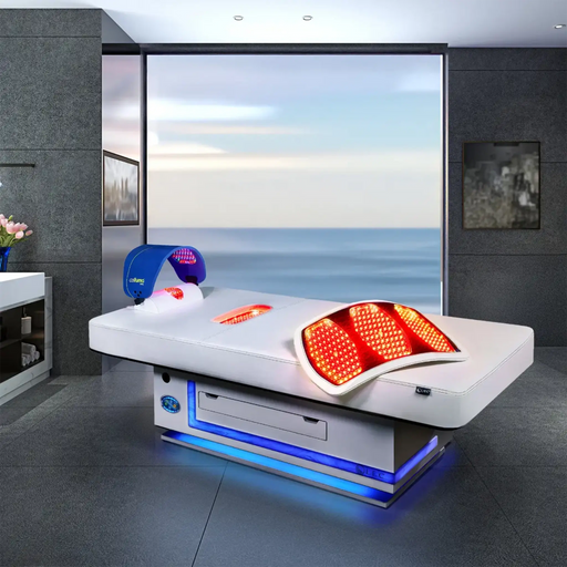 Modern therapy bed with LED lights in a room with large windows.