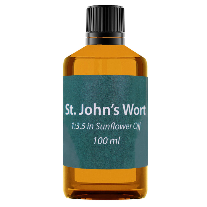 Bottle of St. John's Wort oil with a label on a white background