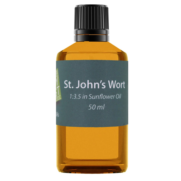 Bottle of St. John's Wort in Sunflower Oil with a label on a white background
