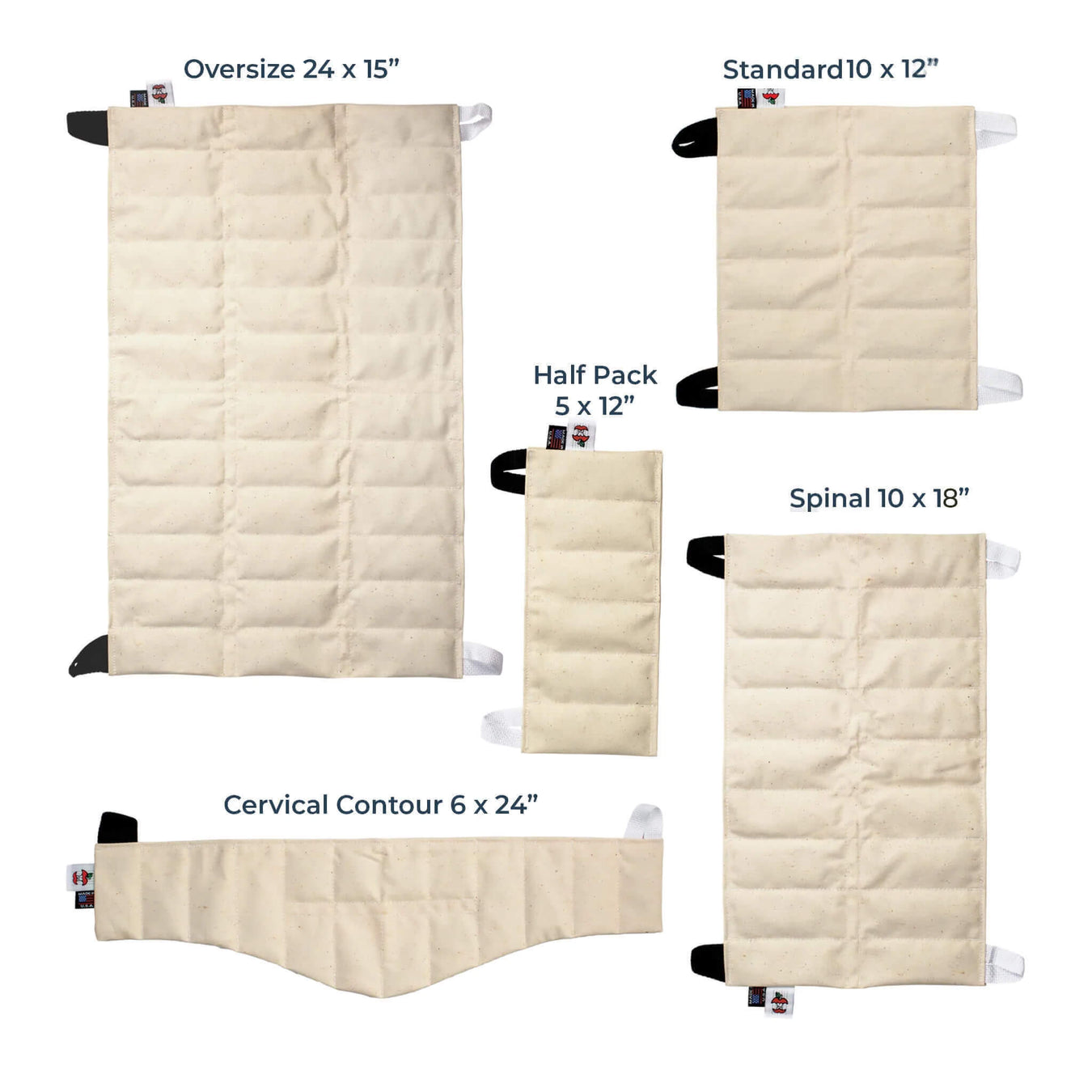 Set of different sizes of beige hydrocollator hot packs with dimensions labeled.