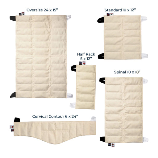 Set of different sizes of beige hydrocollator hot packs with dimensions labeled.