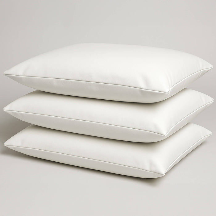 Bodybest Three white vinyl pillowcases with pillows stacked on a light gray background