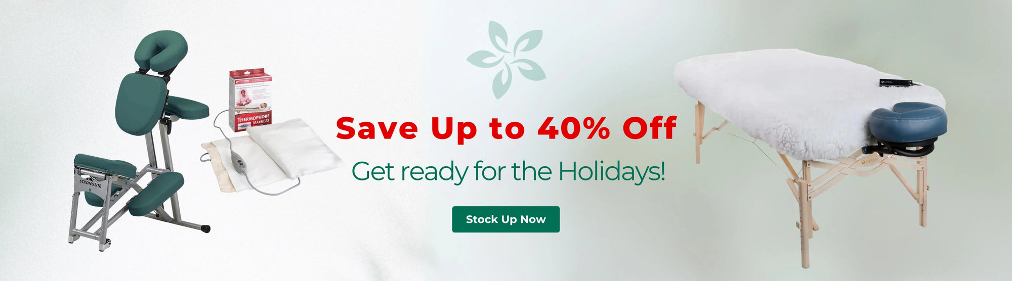 Massage chair and table with promotional text on a light green background