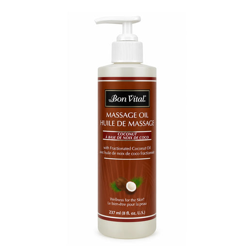 A bottle of Bon Vital Fractionated Coconut Massage Oil with a white pump dispenser and a brown label, shown on a plain white background.