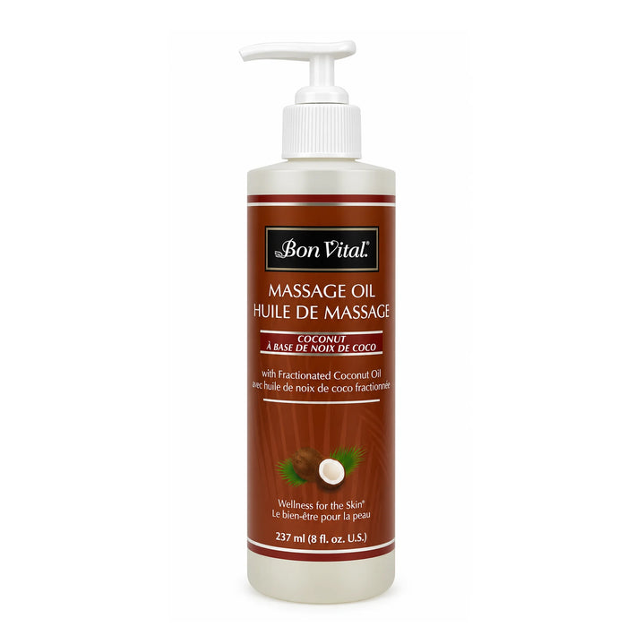 A bottle of Bon Vital Fractionated Coconut Massage Oil with a white pump dispenser and a brown label, shown on a plain white background.
