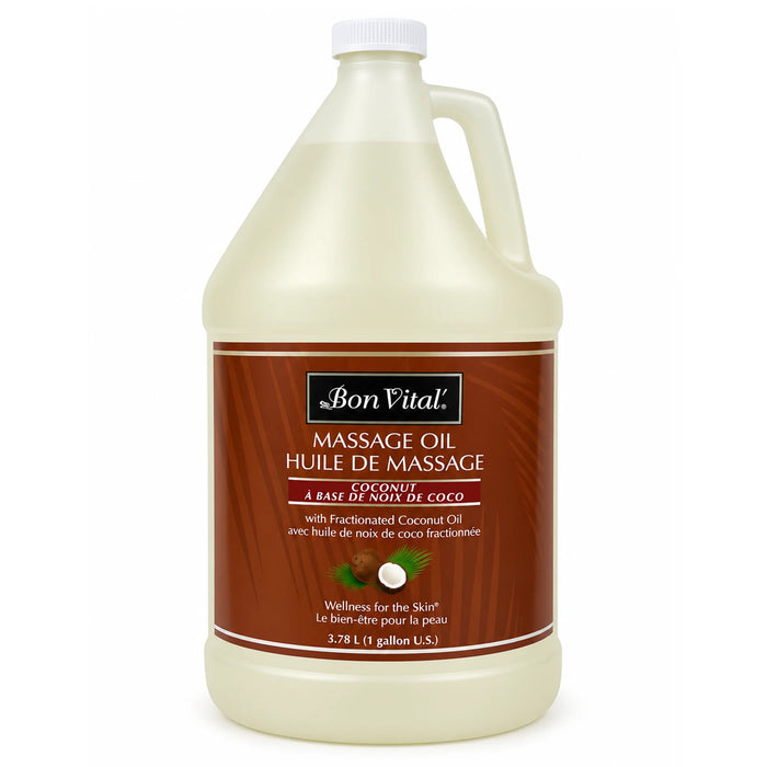 A 1 gallon plastic jug of Bon Vital Fractionated Coconut Massage Oil, featuring a white cap and a brown wood-grain label with white text.
