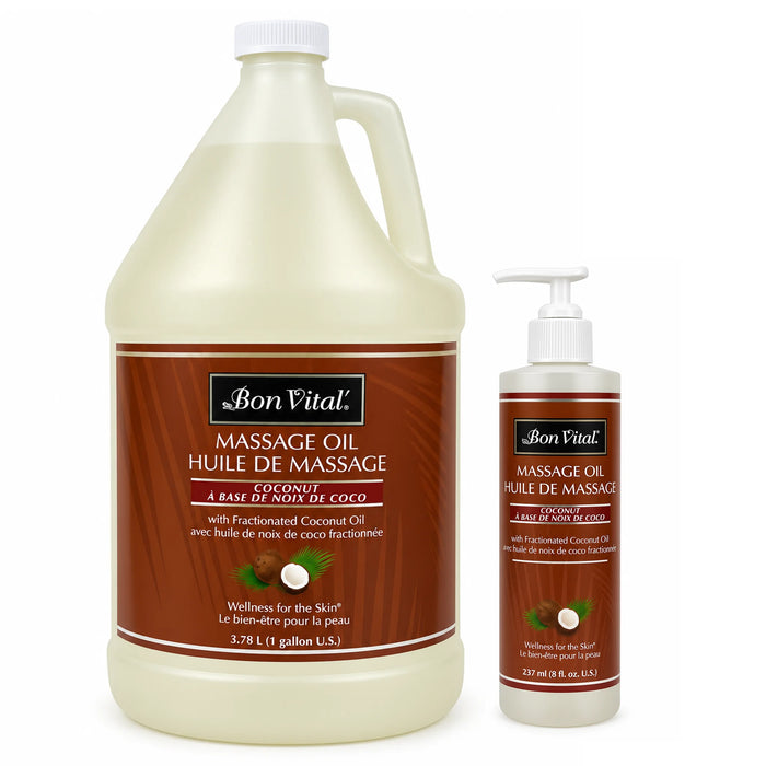 A large plastic jug and a smaller pump bottle of Bon Vital Massage Oil Coconut, shown on a plain white background.