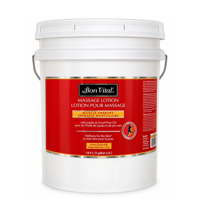 A 18.9 L (5 gallon) white plastic bucket of Bon Vital Muscle Therapy Massage Lotion with a red and gold label, set against a plain white background.