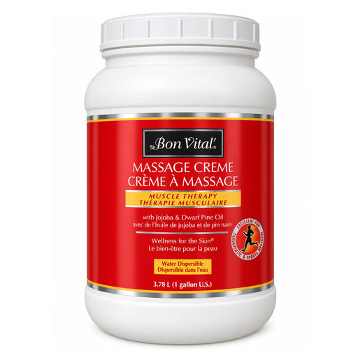 A white plastic tub of Bon Vital Massage Creme with Jojoba & Dwarf Oil a bold red label, featuring gold and yellow accents, on a clean white background.