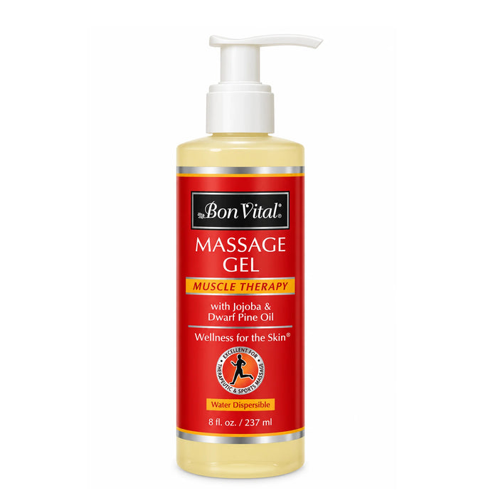 Bon Vital Muscle Therapy Massage Gel 237ml, 8 oz with a white pump dispenser and a red label, shown on a plain white background.