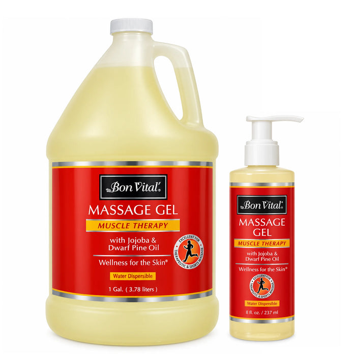 A large 1-gallon  and a smaller 8 oz pump bottle of Bon Vital Massage Gel Muscle Therapy, both filled with pale yellow gel and featuring red labels, shown on a white background.